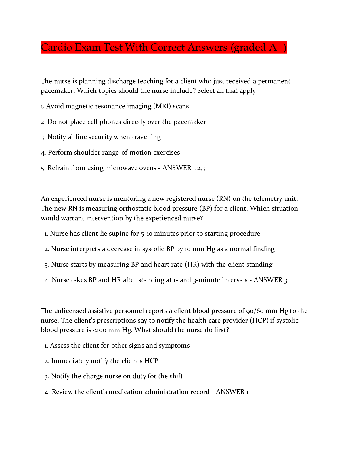 Preview image for Cardio Exam Test With Correct Answers (graded A+)